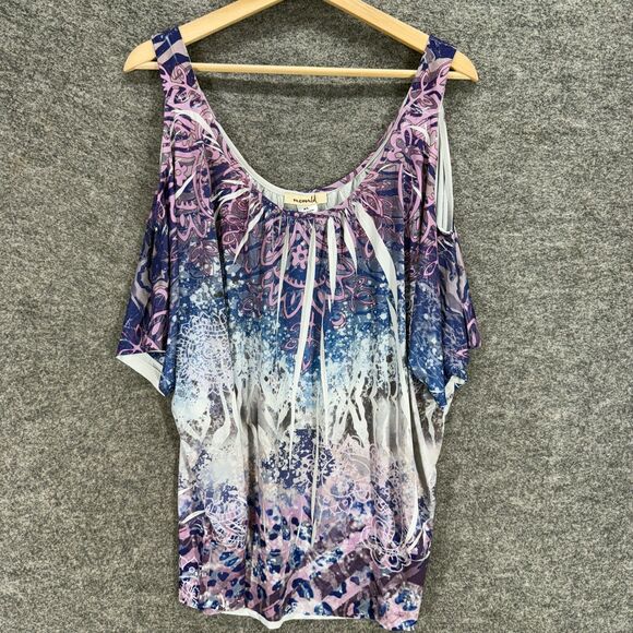 One World Blouse Women XL Blue Geometric Cold Shoulder Short Sleeve Casual - Picture 1 of 7